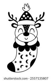 Cute deer in Christmas sock. Black and white Christmas deer clipart. Cute festive character. Hand draw vector illustration in flat style