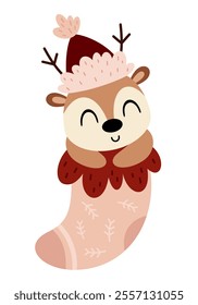 Cute deer in Christmas sock. Christmas deer clipart. Cute festive character. Hand draw vector illustration in flat style