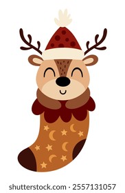 Cute deer in Christmas sock. Christmas deer clipart. Cute festive character. Hand draw vector illustration in flat style