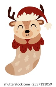 Cute deer in Christmas sock. Christmas deer clipart. Cute festive character. Hand draw vector illustration in flat style