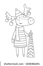 Cute deer with christmas tree. Coloring page for coloring book. Cartoon vector illustration.