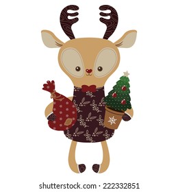 Cute deer with Christmas tree and Santa bag, great for Christmas and New Year design