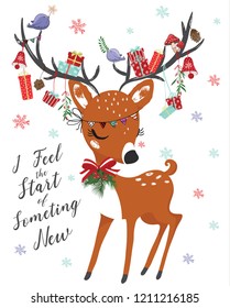 Cute deer for christmas vector illustration for greeting cards, children artworks, prints.