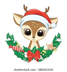 Cute deer with Christmas wreath. Vector illustration for baby shower, greeting card, party invitation, fashion clothes t-shirt print.