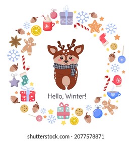 Cute deer in a circle of elements for Christmas design. Vector cozy winter illustration for posters, postcards, prints, web design.Hello, Winter!