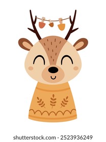  Cute deer clipart. Cozy autumn animal character. Fall animal clip art. Hand drawn vector illustration in flat style