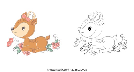 Cute Deer Clipart Illustration and Black and White. Funny Clip Art Deer in the Flower Field. Vector Illustration of an Animal for Coloring Pages, Stickers, Baby Shower, Prints for Clothes. 