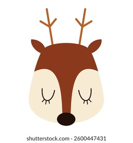 Cute deer clipart. Retro deer face, groovy animal character. Hand drawn vector illustration in flat style