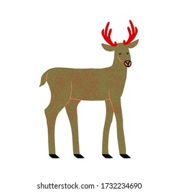 Cute deer with closed eyes and red horns isolated on white background. Sweet adorable wild animal. Fun design for print, shirt, poster. Flat style drawing. Stock vector illustration drawn by hand.