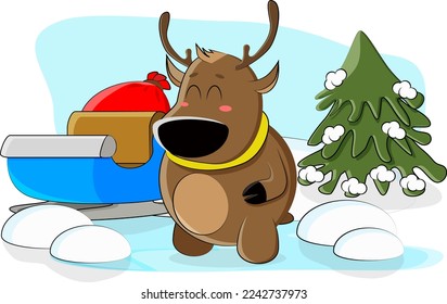 Cute deer collected a sleigh and a bag of toys for the holiday