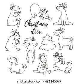Cute deer collection. Reindeer hand drawn line style. Vector doodles illustrations.
