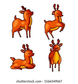 Cute deer color hand drawn characters set. Cartoon reindeers. Doodle baby deers. Wild animal in different poses, emotions. Uses include kids greeting card, game, book design element. Isolated vector illustrations