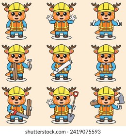 Cute Deer Construction Contractor Illustration. Vector illustration of a cute building foreman Deer . Cute Deer construction worker cartoon. Flat Cartoon Style.
