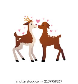 Cute deer couple kissing, funny animals in love, cartoon flat vector illustration isolated on white background. Childish characters for Valentines day design.