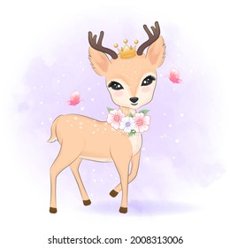 Cute deer with crown on head hand drawn cartoon animal illustration