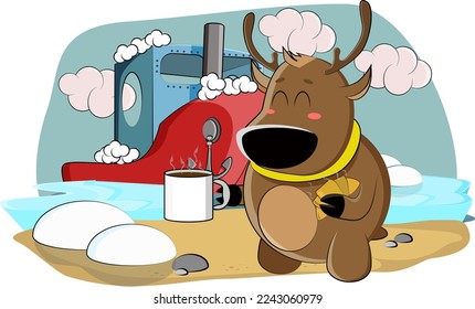 Cute deer decided to drink hot chocolate and have a snack with a croissant