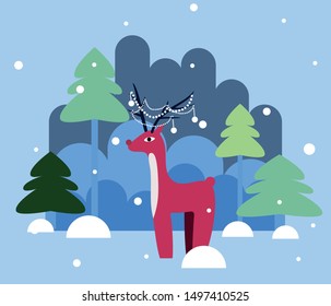Cute deer with decorated horns in the winter forest. Holiday card idea.