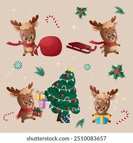 Cute deer. A design element for invitation cards, New Year's, Christmas parties, birthdays and children's parties. Design elements for the Internet, postcards and publications. Vector illustration