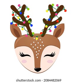 Cute deer design, tangled in Christmas garland. Funny hand drawn doodle, cartoon character. Good for Christmas pajamas, sweaters, poster or t-shirt textile graphic design. Hand drawn illustration