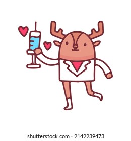 Cute deer doctor holding syringe, illustration for t-shirt, street wear, sticker, or apparel merchandise. With doodle, retro, and cartoon style.