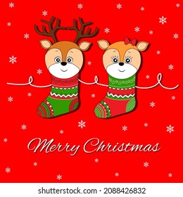 Cute deer and doe in a sock. Merry Christmas card. Vector illustration.