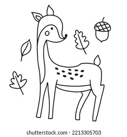 Cute deer in doodle style. Coloring book for children. Vector illustration isolated on white background