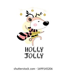 Dibujo de ciervos cortos con tema de Navidad ilustraciones vectoriales para niños, impresión, arte de moda, fondos de pantalla.