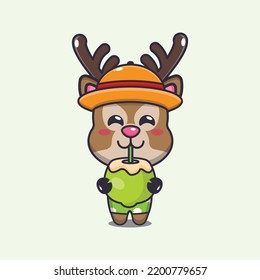 Cute deer drink fresh coconut cartoon illustration.