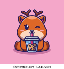 Cute deer drinking boba milk tea cartoon