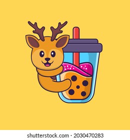 Cute deer Drinking Boba milk tea. Animal cartoon concept isolated. Can used for t-shirt, greeting card, invitation card or mascot.