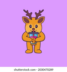 Cute deer Drinking Boba milk tea. Animal cartoon concept isolated. Can used for t-shirt, greeting card, invitation card or mascot.