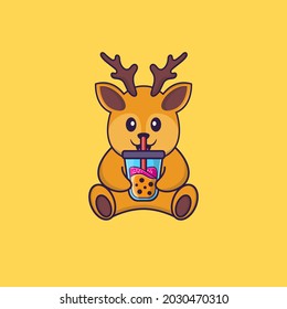 Cute deer Drinking Boba milk tea. Animal cartoon concept isolated. Can used for t-shirt, greeting card, invitation card or mascot.