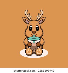 Cute deer drinking bubble tea cartoon illustration