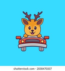 Cute deer is driving. Animal cartoon concept isolated. Can used for t-shirt, greeting card, invitation card or mascot.