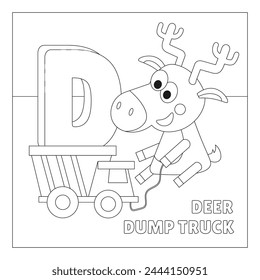 Cute Deer and Dump Truck. Transport and animals. Letter D. Coloring page. Alphabet, card with cute cartoon style characters. ABC. Education for children. Preschool activity. Vector illustration.