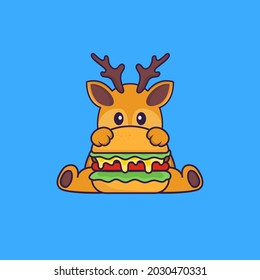 Cute deer eating burger. Animal cartoon concept isolated. Can used for t-shirt, greeting card, invitation card or mascot.