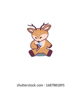 Cute deer is eating an ice cream. Flat cartoon isolated illustration, logo, icon. Useful for print, t-shirt, stickers.