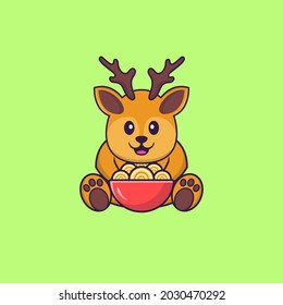 Cute deer eating ramen noodles. Animal cartoon concept isolated. Can used for t-shirt, greeting card, invitation card or mascot.