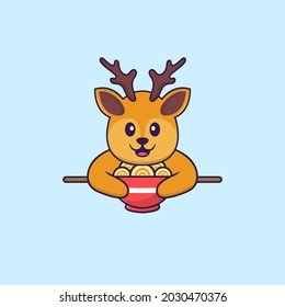 Cute deer eating ramen noodles. Animal cartoon concept isolated. Can used for t-shirt, greeting card, invitation card or mascot.