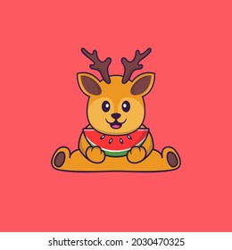 Cute deer eating watermelon. Animal cartoon concept isolated. Can used for t-shirt, greeting card, invitation card or mascot.