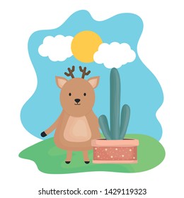 cute deer with exotic cactus in ceramic pot