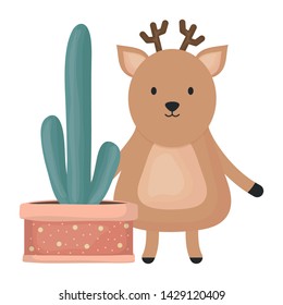 cute deer with exotic cactus in ceramic pot