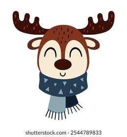 Cute deer face clipart. Winter animal clipart. Winter character. Hand draw vector illustration in flat style