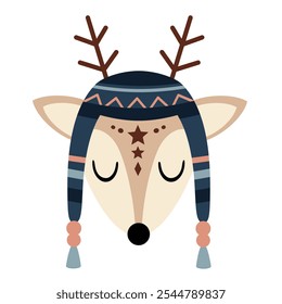 Bela clipart de rosto de veado. Clipart de animal de inverno. Personagem de inverno. Ilustração de vetor desenhada à mão em estilo plano