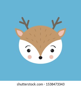 Cute deer face head icon. 
Funny woodland forest animal. Blue background. Cartoon vector illustration
