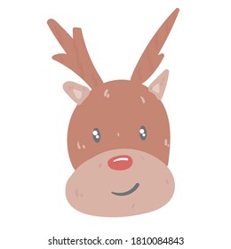 cute deer face with smile expression cartoon character, deer in winter season, merry christmas animal symbol hand drawn doodle illustration