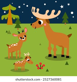 Cute deer family in the night forest eating berries. Lovely playful illustration for kids