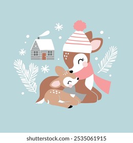 Cute deer family and snowy woods. Hand drawn vector illustration. Perfect for tee-shirt logo, greeting card, sticker, clip art or nursery decor. EPS10 vector file.