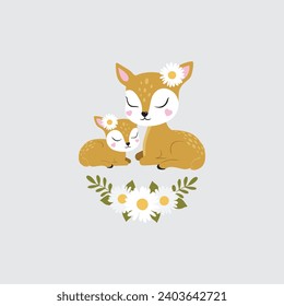 Cute deer fawn mother and daughter baby child with meadow flowers wreath. Perfect for baby shower, t-shirt logo, greeting card, poster, invitation or print design