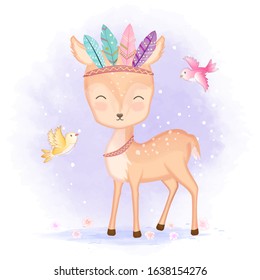 Cute deer with feathers and birds hand drawn cartoon illustration watercolor background